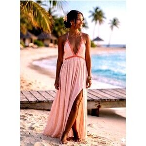 Hommage Flowy Maxi Dress Size L/G Orange Chiffon Plunge Neckline Side Slit Lined